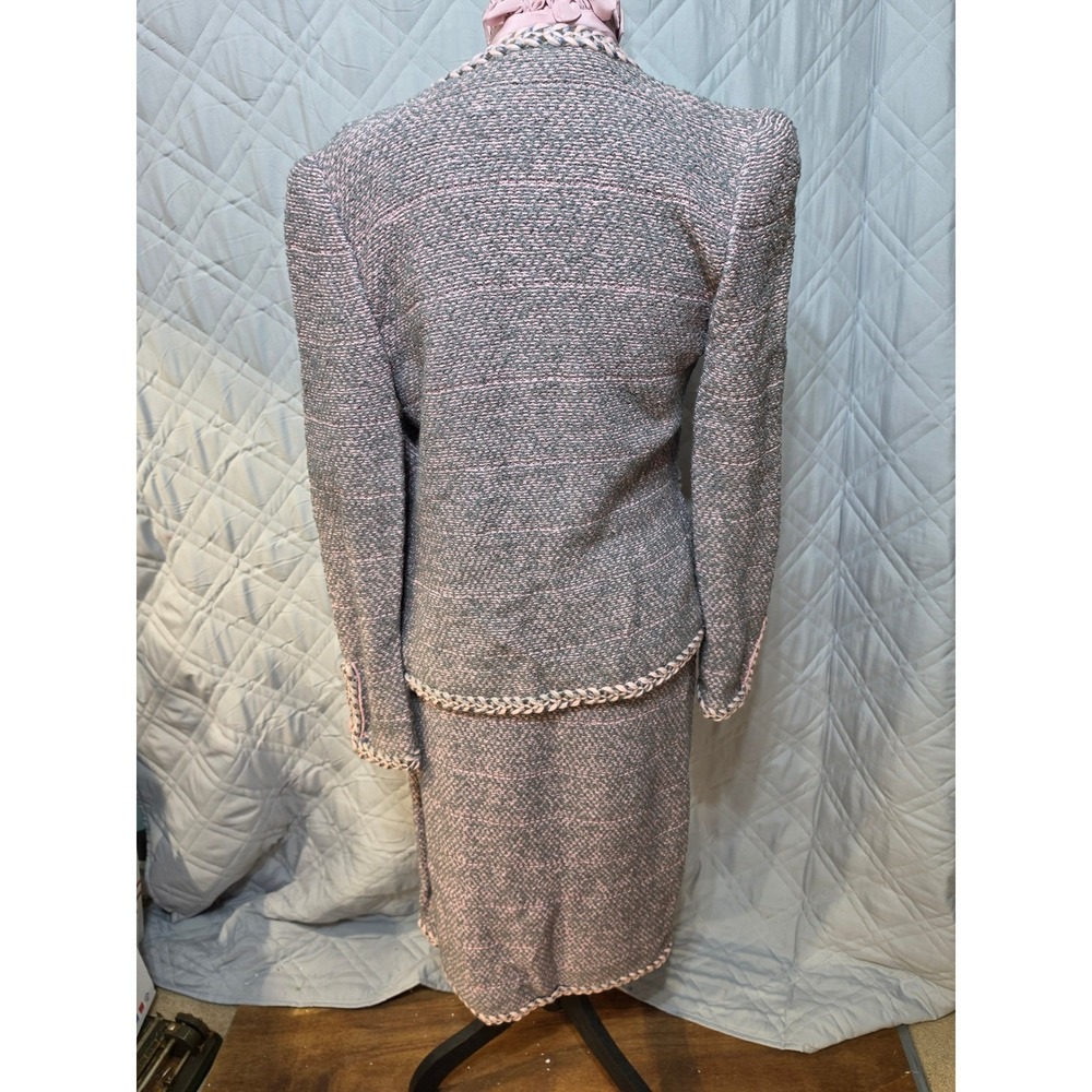 Adolfo Saks Fifth Avenue 3pc Suit Wool Knit Jacket Skirt Silk Blouse Pink Grey - Picture 4 of 16